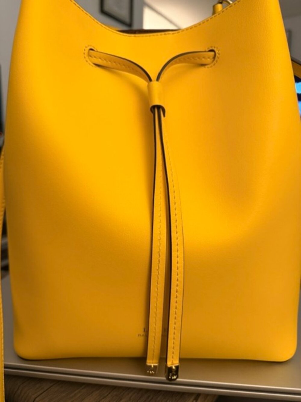 RALPH LAUREN DRAWSTRING BUCKET LEATHER BAG, DEBBY, YELLOW, PREOWNED